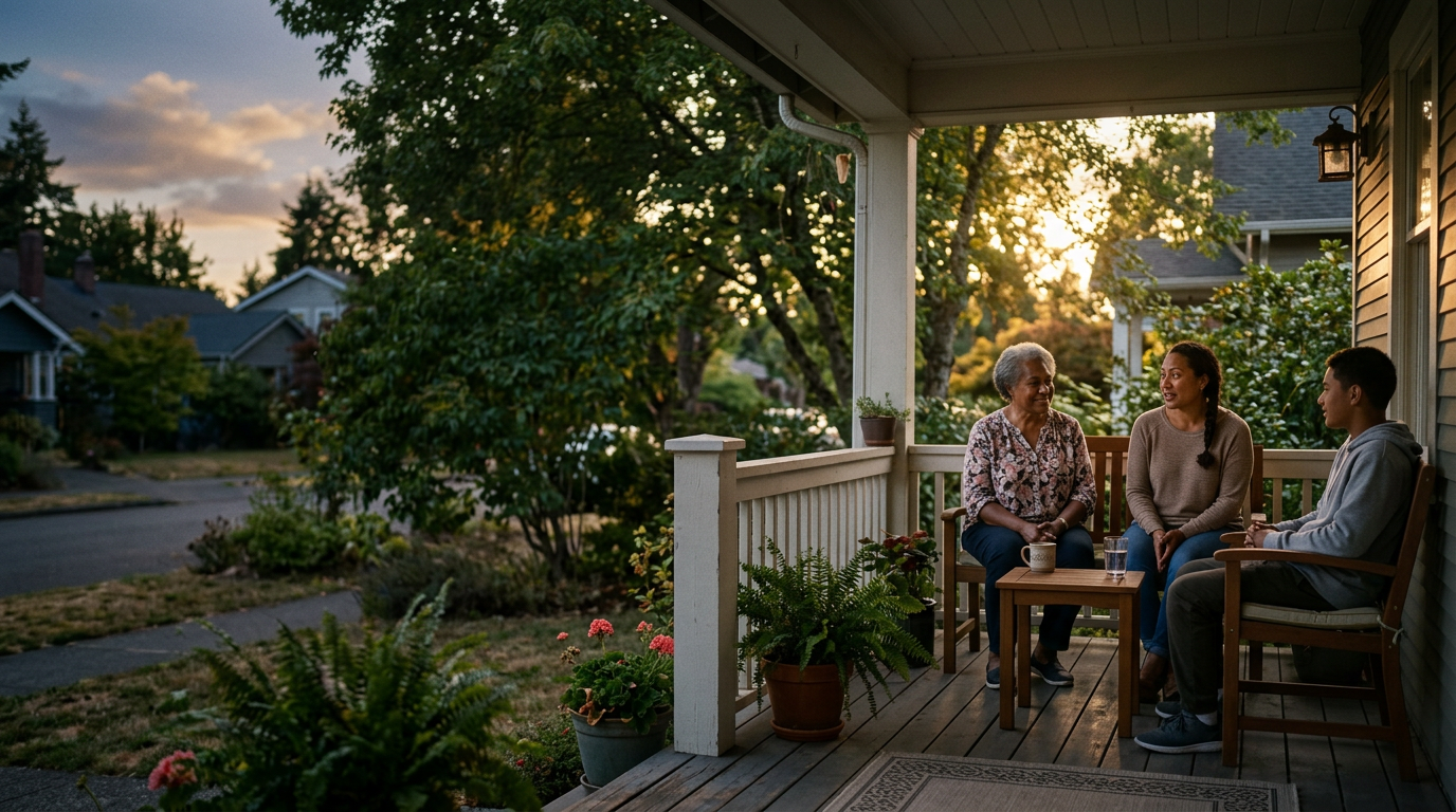 AI-generated illustration of an iTaukei grandmother, mother and teenager talking on a suburban porch at dusk